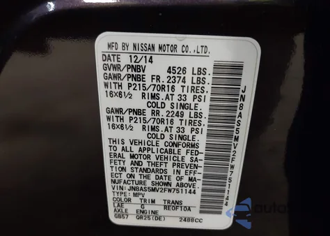 2015 Nissan Rogue Select S z USA, uszkodzony, nr VIN JN8AS5MV2FW751144